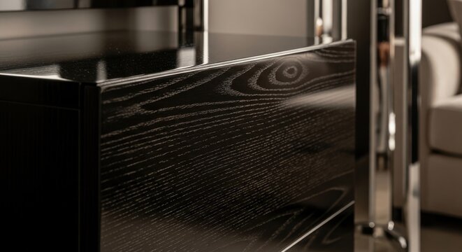 Close-up view of a high gloss lacquered dark wood panel with natural grain patterns and subtle reflections