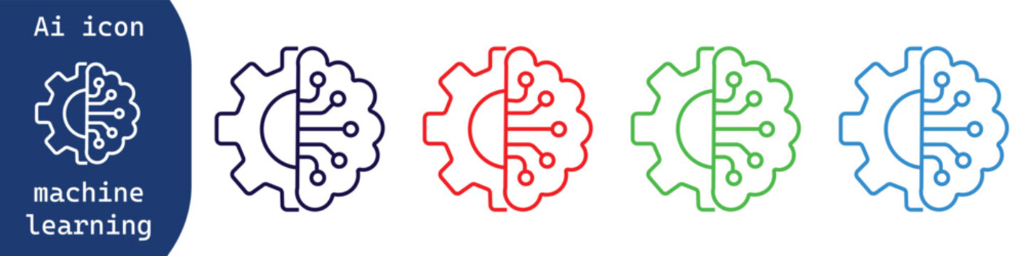 Machine learning icons set with brain and gear vector illustration