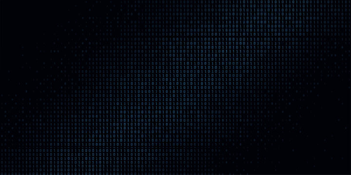 Blue binary code data randomly scattered across full frame on dark navy for cybersecurity technology company branding and digital design