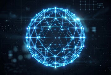 Naklejka premium Glowing Holographic Wireframe Sphere with Pulsating Nodes in Dark Void