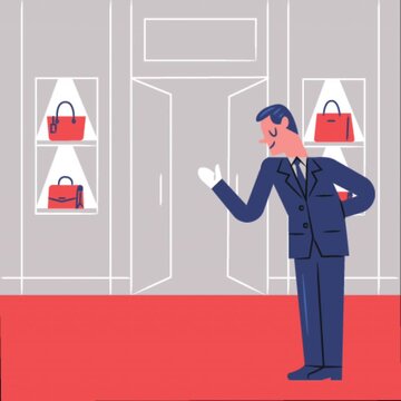 Animated cartoon salesperson presenting purses at a retail shop display, creating a cheerful fashion shopping atmosphere.