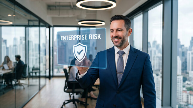 Businessman in suit interacting with virtual risk management interface, modern office background, enterprise risk concept