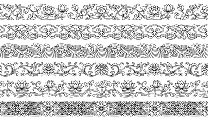 Seamless Blue White Porcelain Border with Japanese and Chinese Ornament Vector Design black  © MdMasud