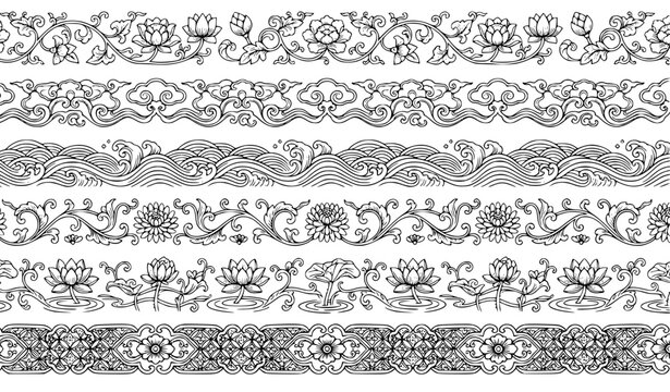 Seamless Blue White Porcelain Border with Japanese and Chinese Ornament Vector Design black 