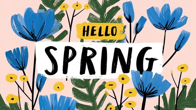 Abstract floral illustration on light pink background with green leaves, blue blooms and yellow flowers, two banners with handwritten hello and spring text for warm seasonal greeting design