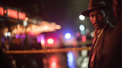 Obraz premium Detective at a rainy night crime scene with police tape and flashing lights, cinematic noir portrait of a man in a fedora