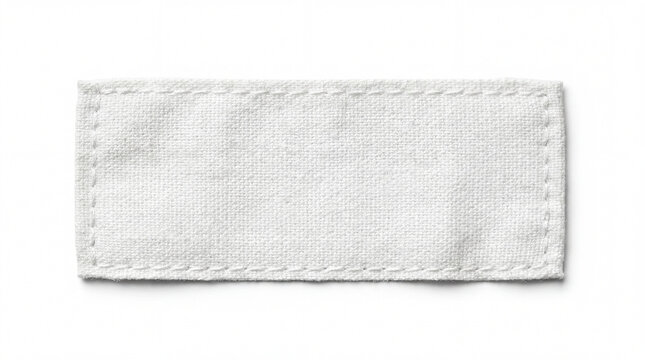 Etiqueta de roupa de tecido branco vazia com costuras, isolada no fundo branco. Mockup de tag de vestu&aacute;rio e marca