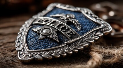 Naklejka premium Close up of a police badge on wood background symbolizing law enforcement authority and protection