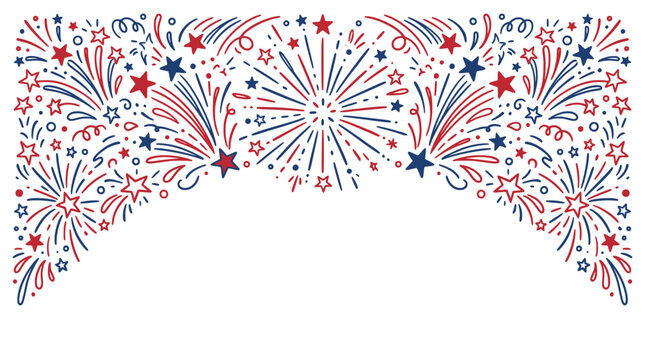 Patriotic fireworks border vector, red white and blue stars background, festive fourth of july celebration frame art