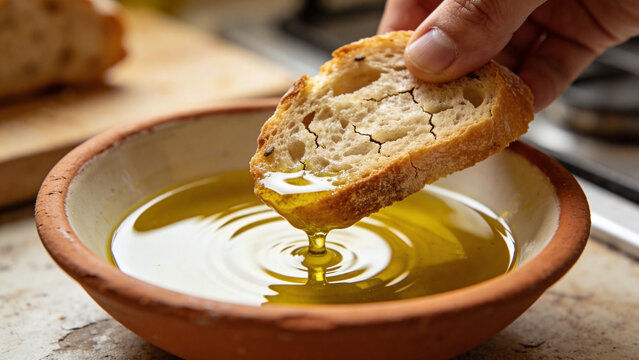 Dipping bread into olive oil in a bowl at a kitchen table for tasting and enjoyment