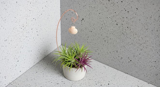 Potted airplant with seashell ornament and copper stand in a minimalist corner display