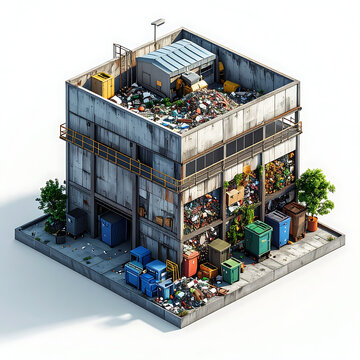 Isometric view of an overflowing landfill building filled with trash, garbage bins, and debris, symbolizing waste management issues and pollution on a white background