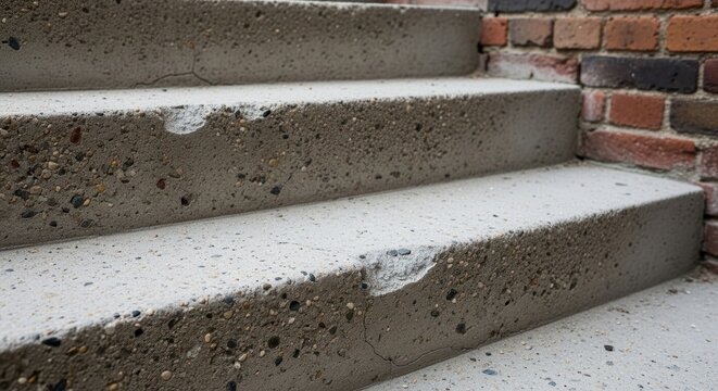 Rough concrete steps showing subtle imperfections and textures in natural light, highlighting architectural detail and weathered surfaces.