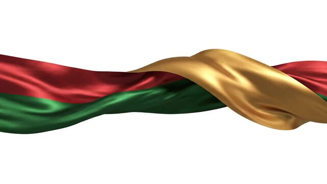 A flowing red and green satin ribbon undulating against a white background, revealing a shiny golden metallic underside as it waves and twists through the air with a fluid motion.
