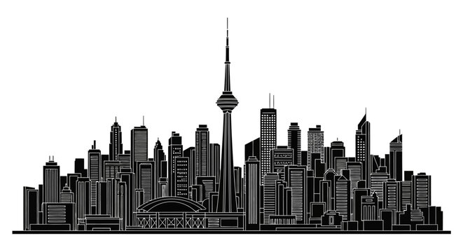 Toronto Skyline Silhouette with Iconic CN Tower, Minimalist Urban Art