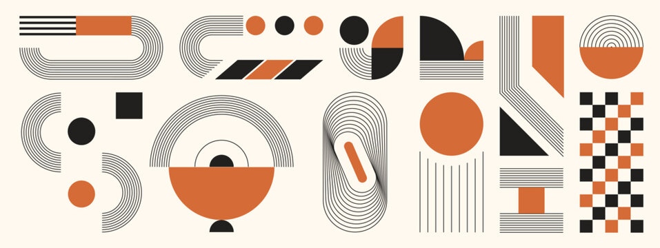 Mid century modern vector elements set. Abstract geometric shapes, line arches, circles, checker pattern and retro Bauhaus design.