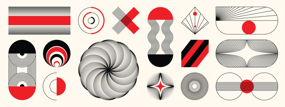 Mid century modern vector elements set. Abstract geometric shapes, line arches, circles, checker pattern and retro Bauhaus design.