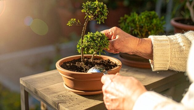 Hands tending to a small bonsai tree in a terracotta pot, with sunlight filtering through. The tree is meticulously pruned and seated in rich soil, suggesting dedicated care and patience