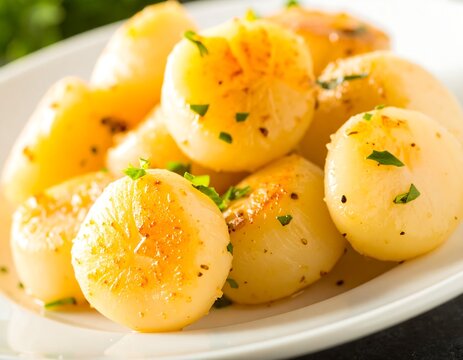 Roasted small potatoes on white plate