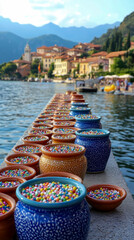 Obraz premium Scenic view of numerous colorful ceramic pots filled with vibrant sprinkles lining lake pier in front of picturesque Italian village landscape with mountains in background