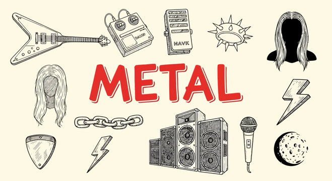Hand-drawn heavy metal music elements illustration with guitar, speakers, lightning, and hair around the word METAL.