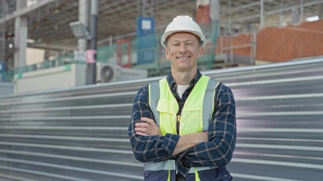 Man in hardhat and high visibility vest with arms crossed smiling at building site by corrugated metal fence and scaffolding; confidence.