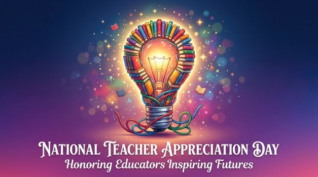 National teacher appreciation day concept with books forming a lightbulb