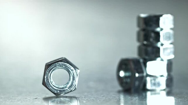 Shiny steel nut wobbling near stack. Close macro shot showing single Filmed on a high-speed camera at 1000 fps.