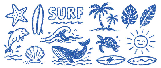 Fototapeta premium Collection of hand drawn beach, summer, and surfing elements including surfboard, palm trees, dolphin, whale, turtle, sun, and tropical leaves.