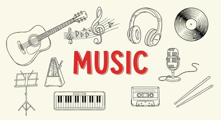 Music symbols and instruments illustration. © Julian Vance