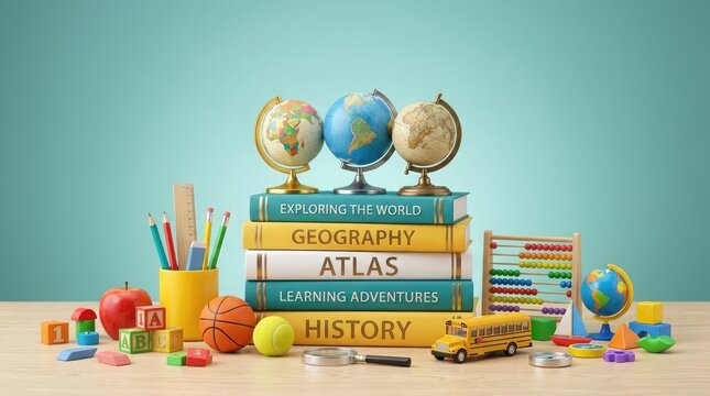 Vibrant educational setup with school supplies and globes
