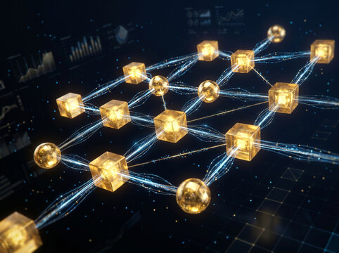 Blockchain Cryptocurrency 3D Render Gold Coin Network Nodes Abstract