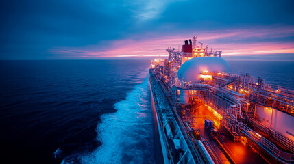 Spectacular twilight view of large, illuminated liquefied natural gas carrier sailing through calm ocean, leaving white wake under vibrant pink and blue sky © sommersby