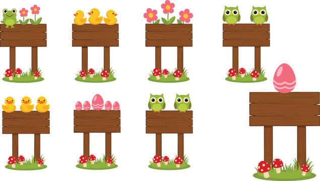 Cute Wooden Signboard Vector Set Decorated with Spring Flowers Easter Eggs Ducklings Owls Frog and Little Mushrooms for Garden Graphic Designs