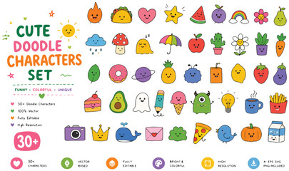 Cute doodle characters set with 30+ colorful icons, kawaii hand drawn vector illustrations, funny cartoon mascot collection for stickers and planners © Allah k hwaly