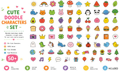 Cute doodle characters set with 50+ colorful icons, kawaii vector illustrations of animals food and nature, hand drawn cartoon stickers for kids