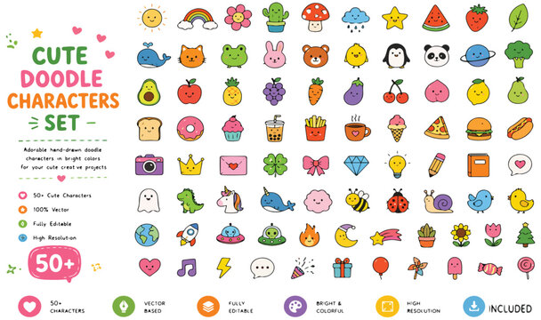 Cute doodle characters set with 50+ colorful icons, kawaii vector illustrations of animals food and nature, hand drawn cartoon stickers for kids