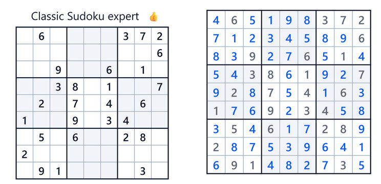 Classic Sudoku expert puzzle with filled and empty cells  
