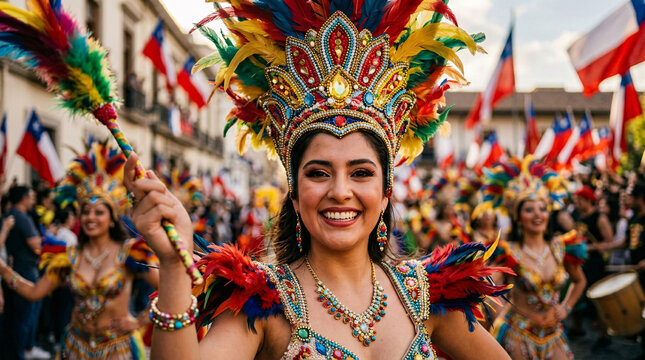 Smiling festival dancer in jeweled feathered costume during a lively street parade.