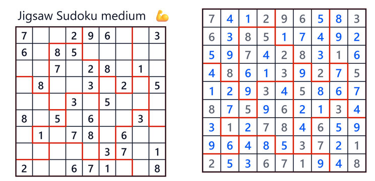 Jigsaw Sudoku puzzle in medium difficulty level with numbers  