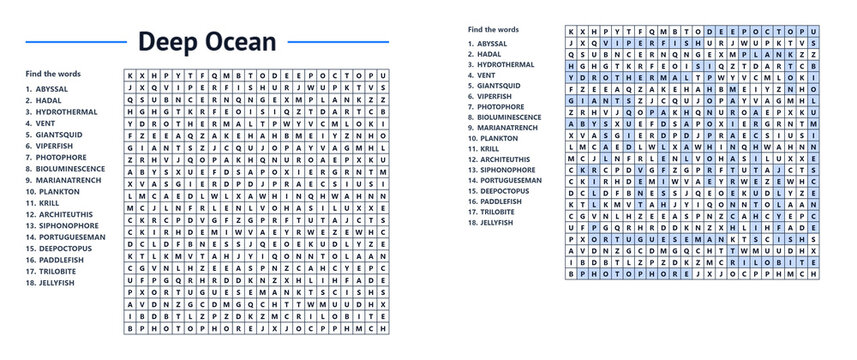 Word search puzzle featuring deep ocean themes and vocabulary  