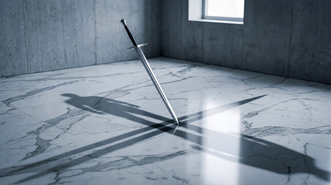 Cinematic image of medieval longsword planted in polished marble floor, casting mysterious shadow of invisible knight in minimalist modern architectural setting.