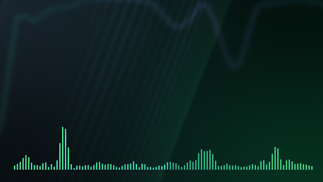 Neon audio spectrum equalizer on dark green background. Futuristic music visualizer for DJ, podcast, streaming and digital sound technology.