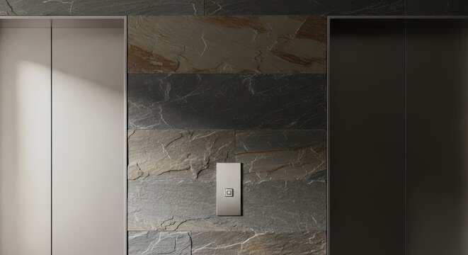 Textured Natural Slate Elevator Surround with a Modern Metal Button Panel
