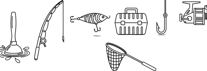 Fishing Equipment and Outdoor Adventure Icon Set with Rod Reel Lure Hook Net Tackle Box Line Vector © Shukimon