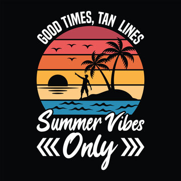 Retro sunset beach scene with palm trees and text vintage