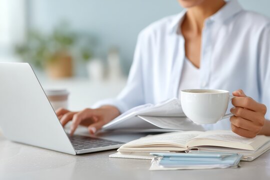 Business professional reading travel health advisory on laptop while holding a coffee cup for remote work background and office banner