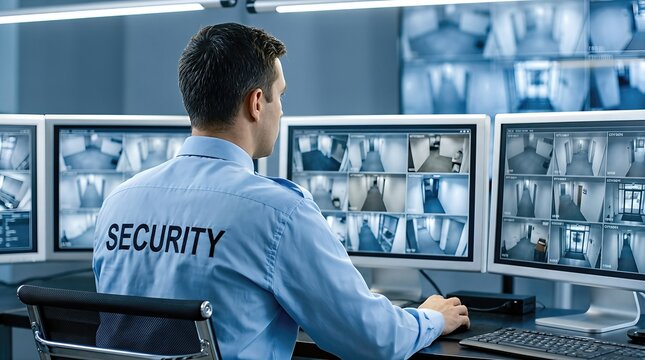Security personnel monitoring multiple CCTV screens in a control room, displaying various camera feeds of different indoor locations and hallways