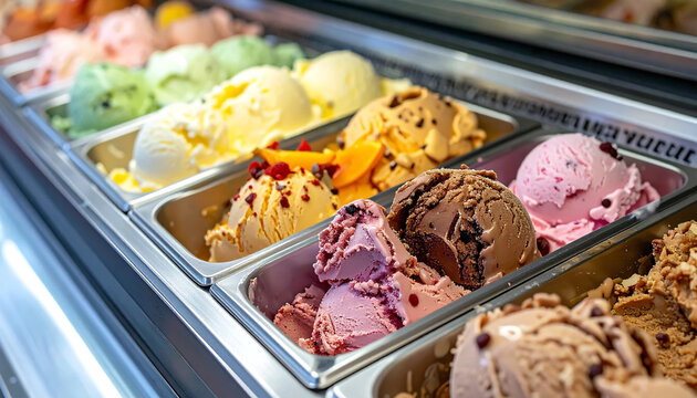 Row of steel trays filled with various flavors of ice cream.