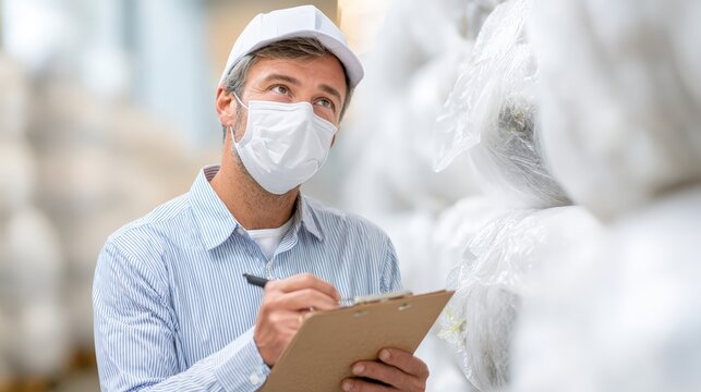 Food warehouse sanitation auditor wearing face mask and cap conducting inspection and recording findings on clipboard for quality control and hygiene
